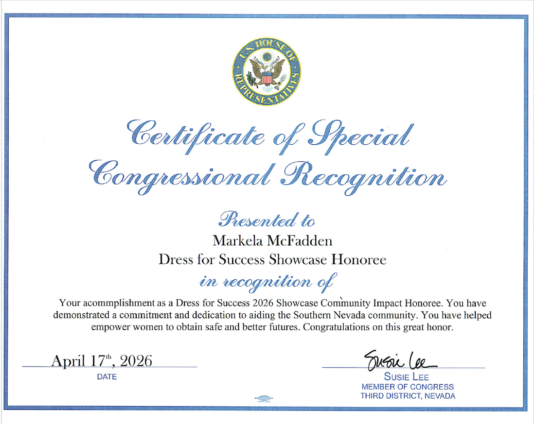 Congressional Recognition Certificate awarded to Markela D. McFadden